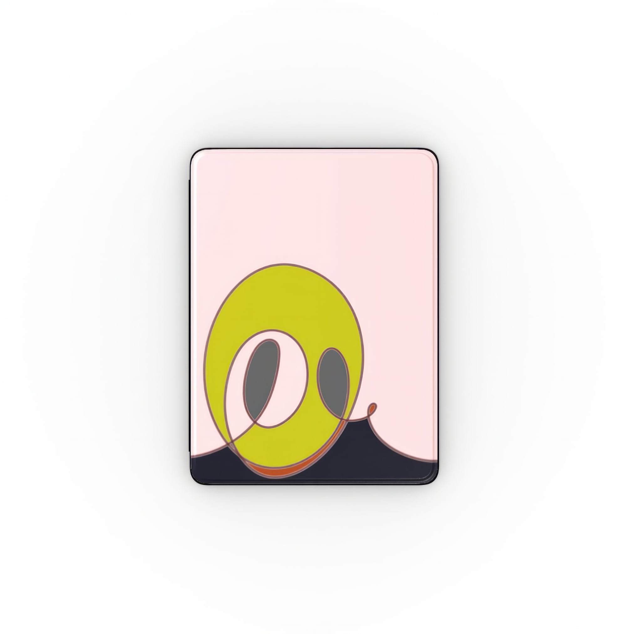 Apple iPad case Smile pattern design with a playful, bold expression of joy captured in abstract form, featuring an elegant and expressive aesthetic design. Main colors are pink and mustard yellow. Front view.