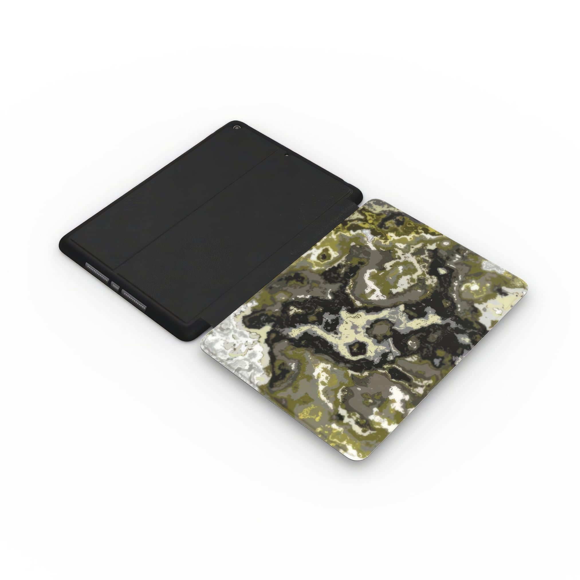 Tough AirPods Max case extend side view; Spring Rain pattern, artistic, abstract marble pattern. Yellow and black color combination.