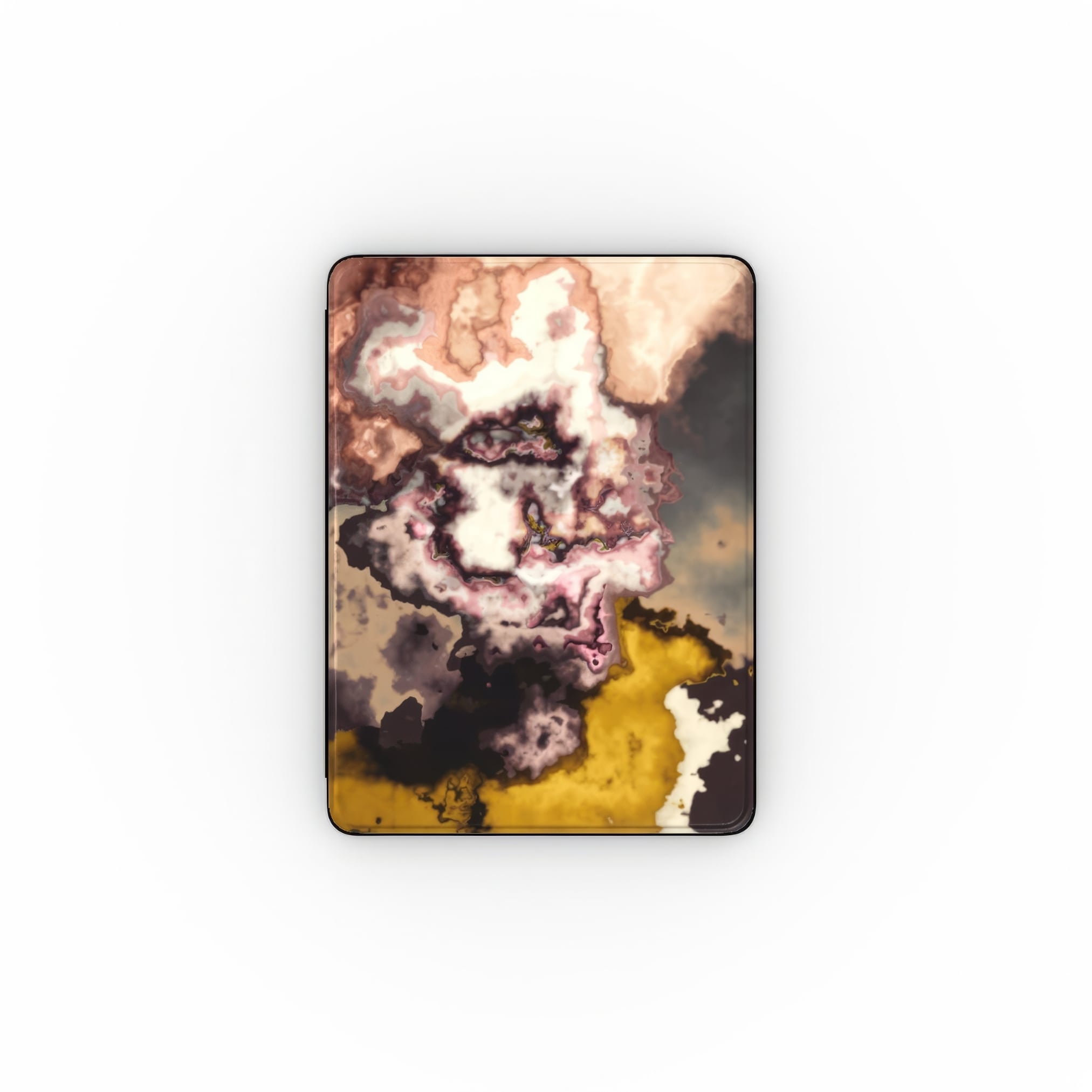 iPad case front view; Storm pattern, artistic, abstract marble pattern. Brown and beige colors. Bold expressive aesthetic design.