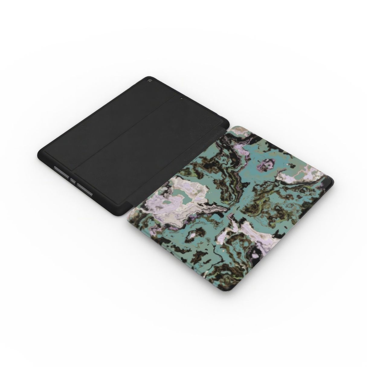 iPad case with a bold vivid pattern in marble abstract and artistic style, featuring an elegant and expressive aesthetic design. Main colors are teal blue and light lilac. Extend view.