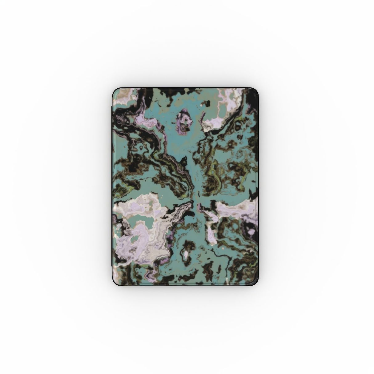 iPad case with a bold vivid pattern in marble abstract and artistic style, featuring an elegant and expressive aesthetic design. Main colors are teal blue and light lilac. Front view.