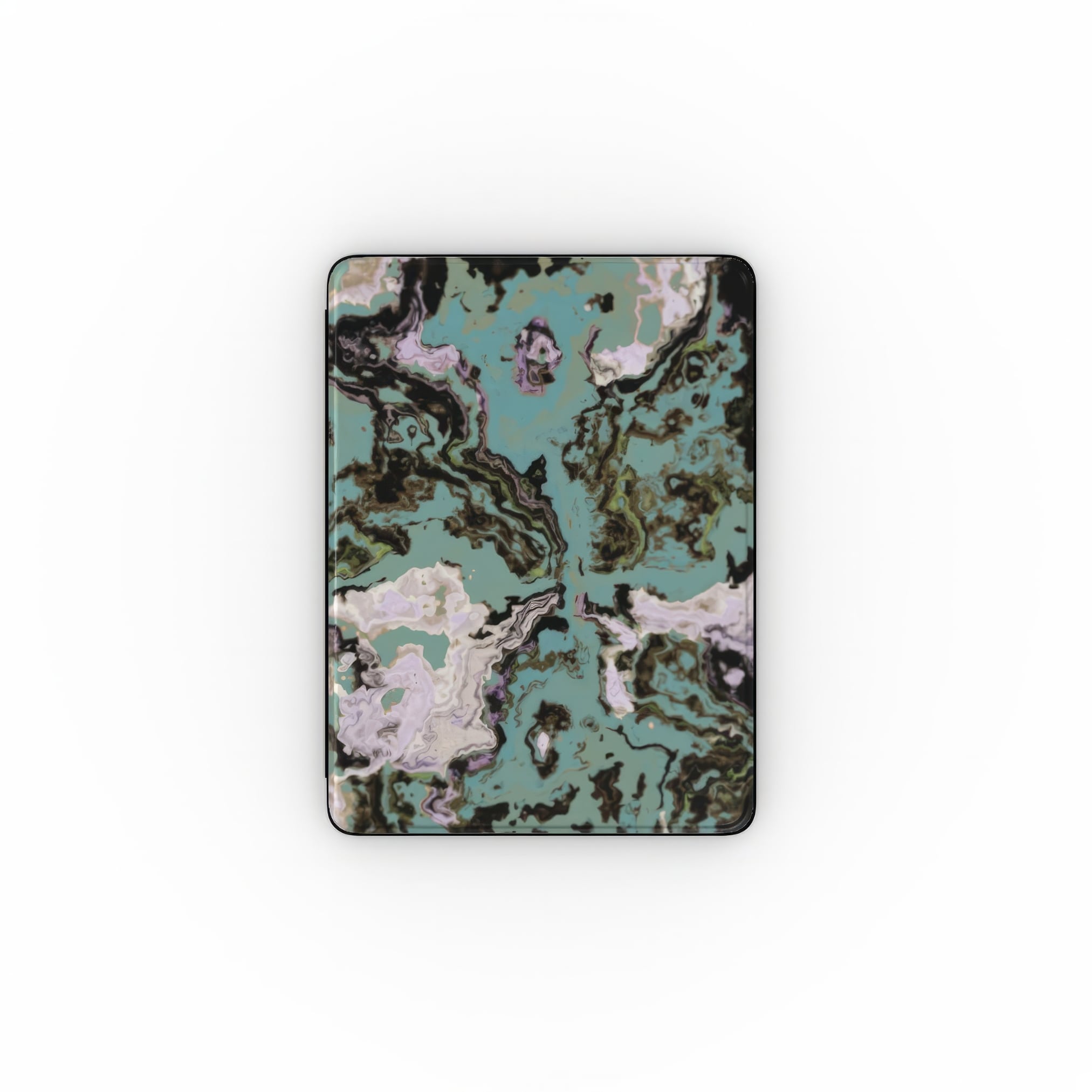 iPad case with a bold vivid pattern in marble abstract and artistic style, featuring an elegant and expressive aesthetic design. Main colors are teal blue and light lilac. Front view.