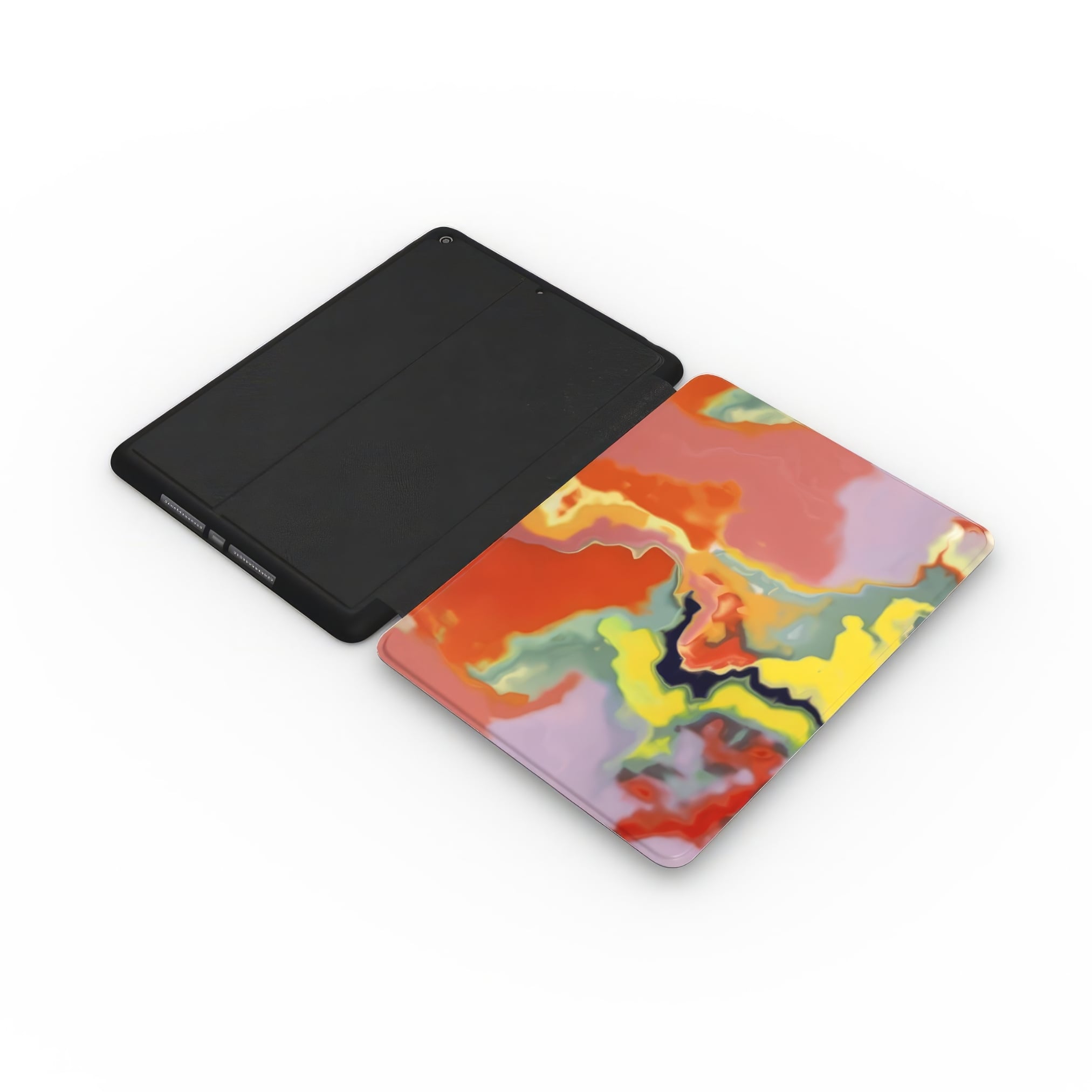 iPad case side view; Tropical pattern, artistic, abstract marble pattern. Orange color.