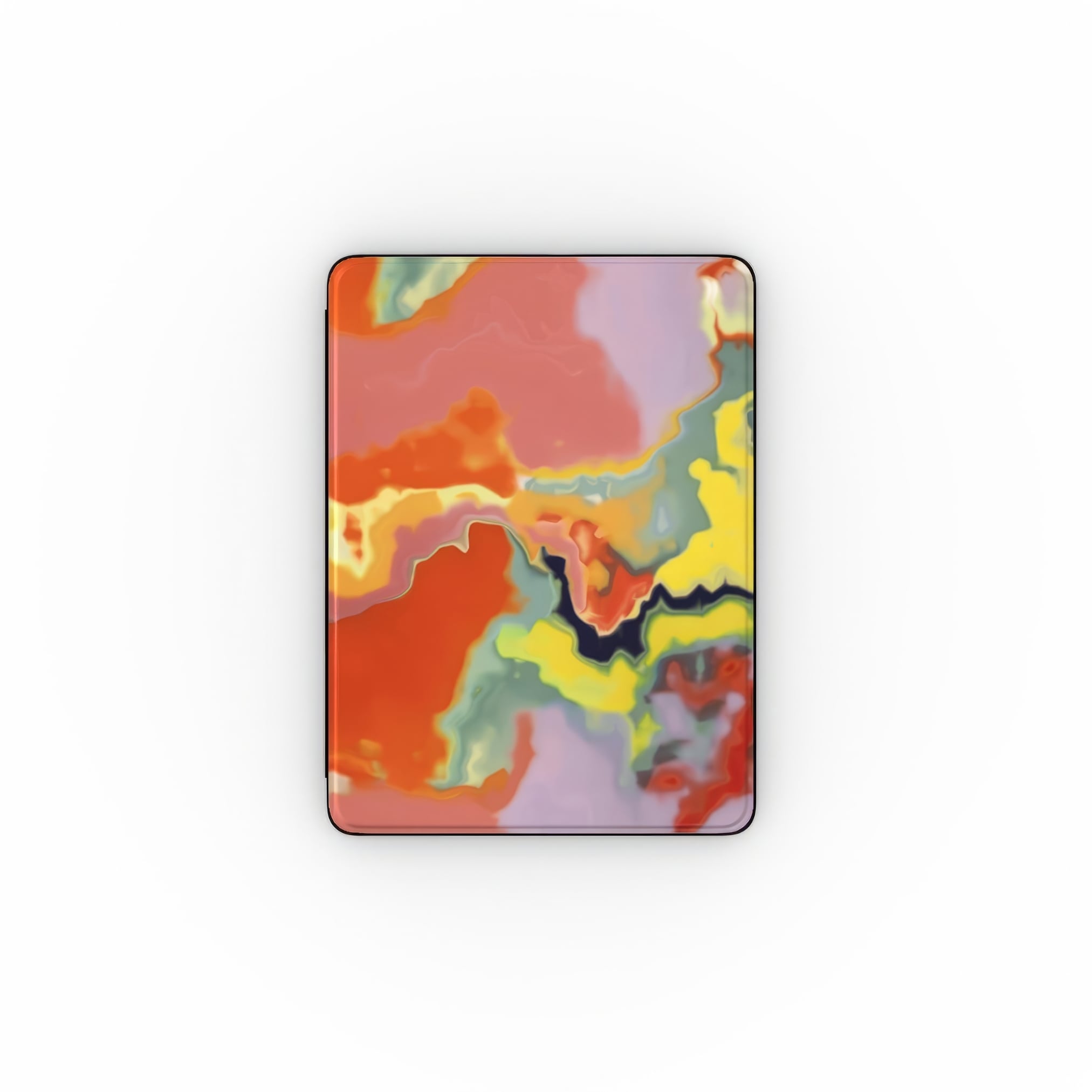 iPad case front view; Tropical 1 pattern, artistic, abstract marble pattern. Orange color. Bold expressive aesthetic design.