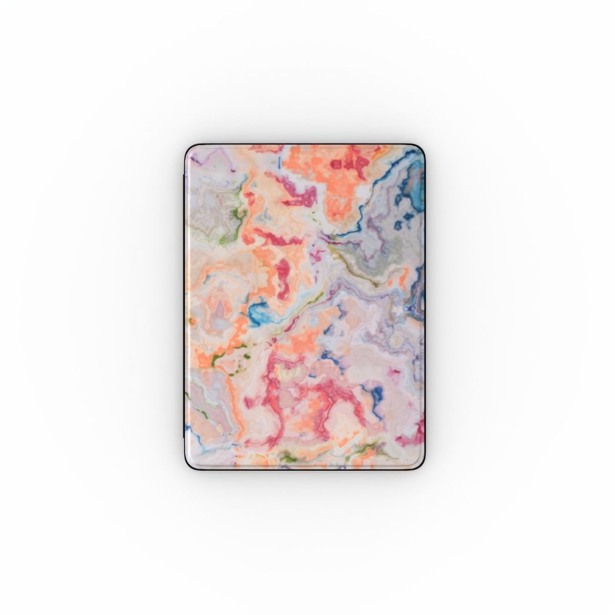 iPad case with a bold vivid pattern Ufo in marble abstract and artistic style, featuring an elegant and expressive aesthetic design. Main colors are blue, orange and red. Front view.