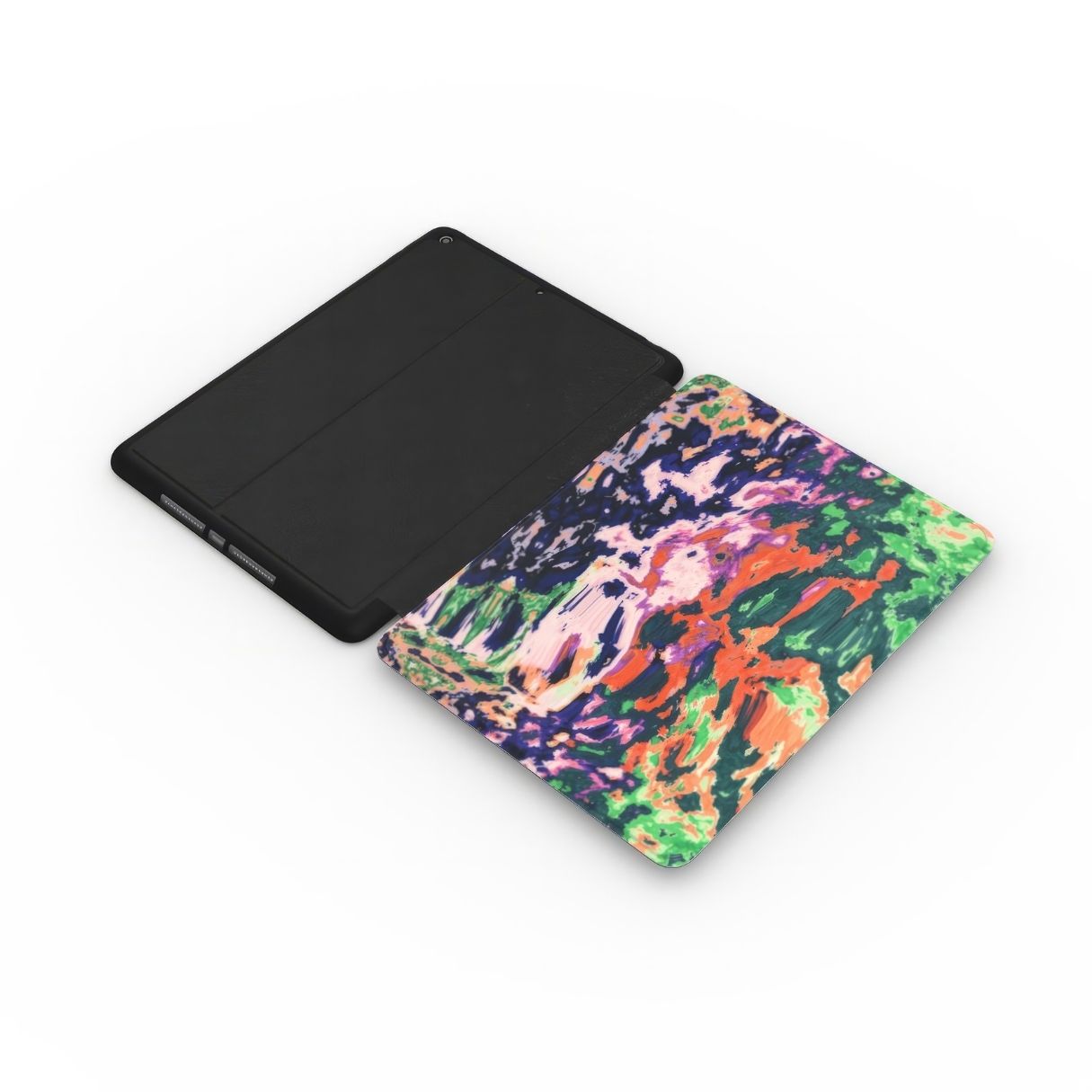 iPad case with a bold vivid pattern Vincet in marble abstract and artistic style, featuring an elegant and expressive aesthetic design. Main colors are purple, orange and green. Extend view.