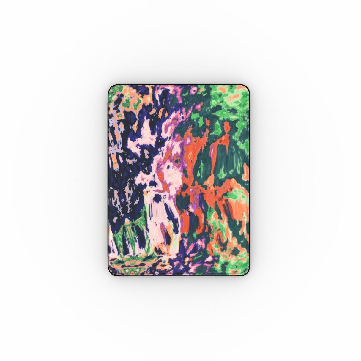 iPad case with a bold vivid pattern Vincet in marble abstract and artistic style, featuring an elegant and expressive aesthetic design. Main colors are purple, orange and green. Front view.