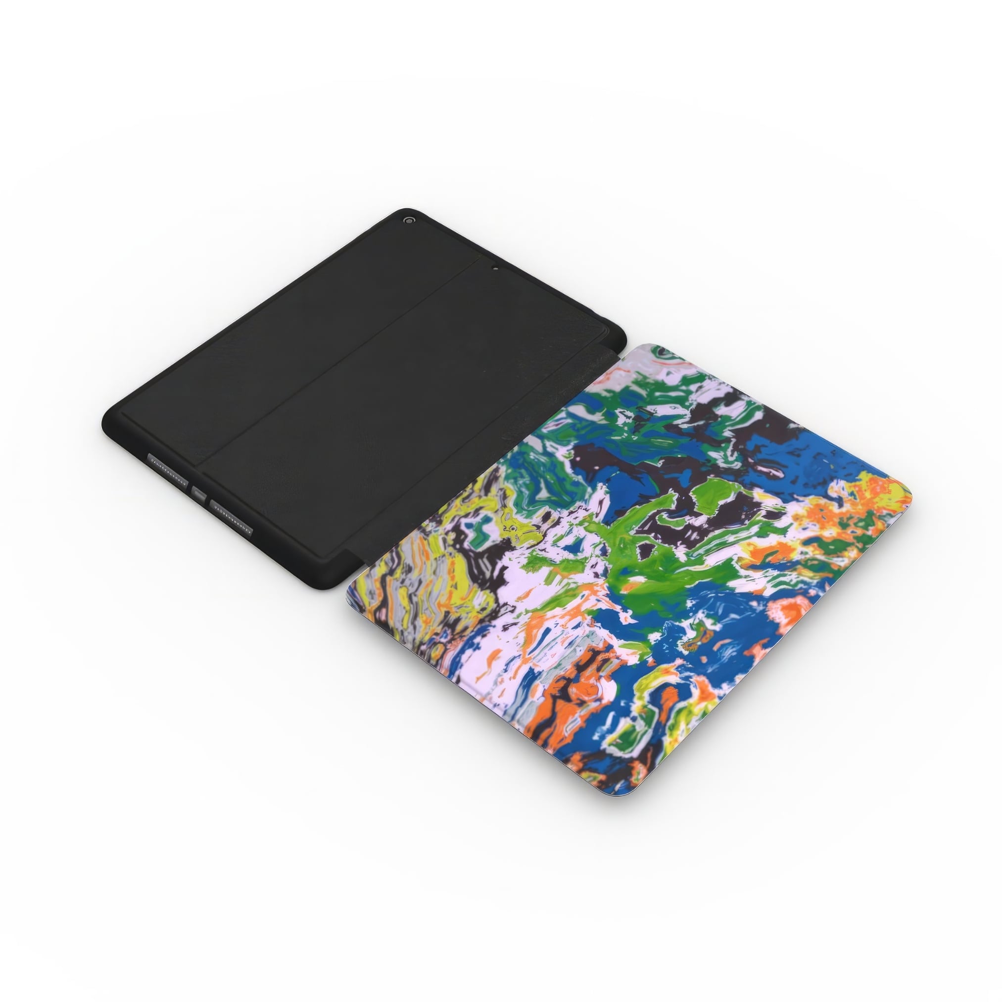 iPad case with a bold vivid pattern in marble abstract and artistic style, featuring an elegant and expressive aesthetic design. Main colors are blue, green and yellow with slight orange. Extend side view.