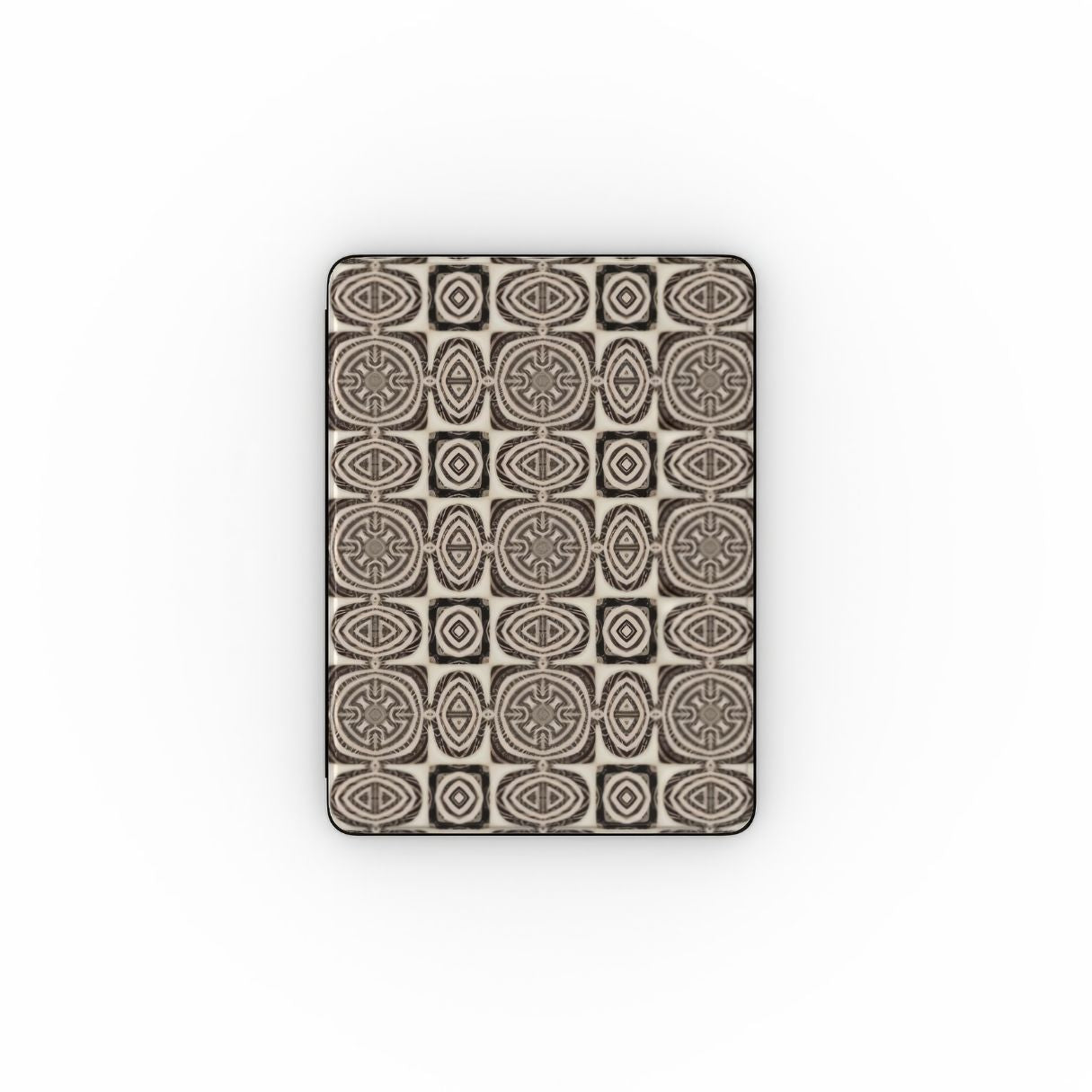 iPad case front view; Wooden Snake 1 pattern, ornamental pattern; kaleidoscope pattern imagination. Brown color. Bold expressive aesthetic design.