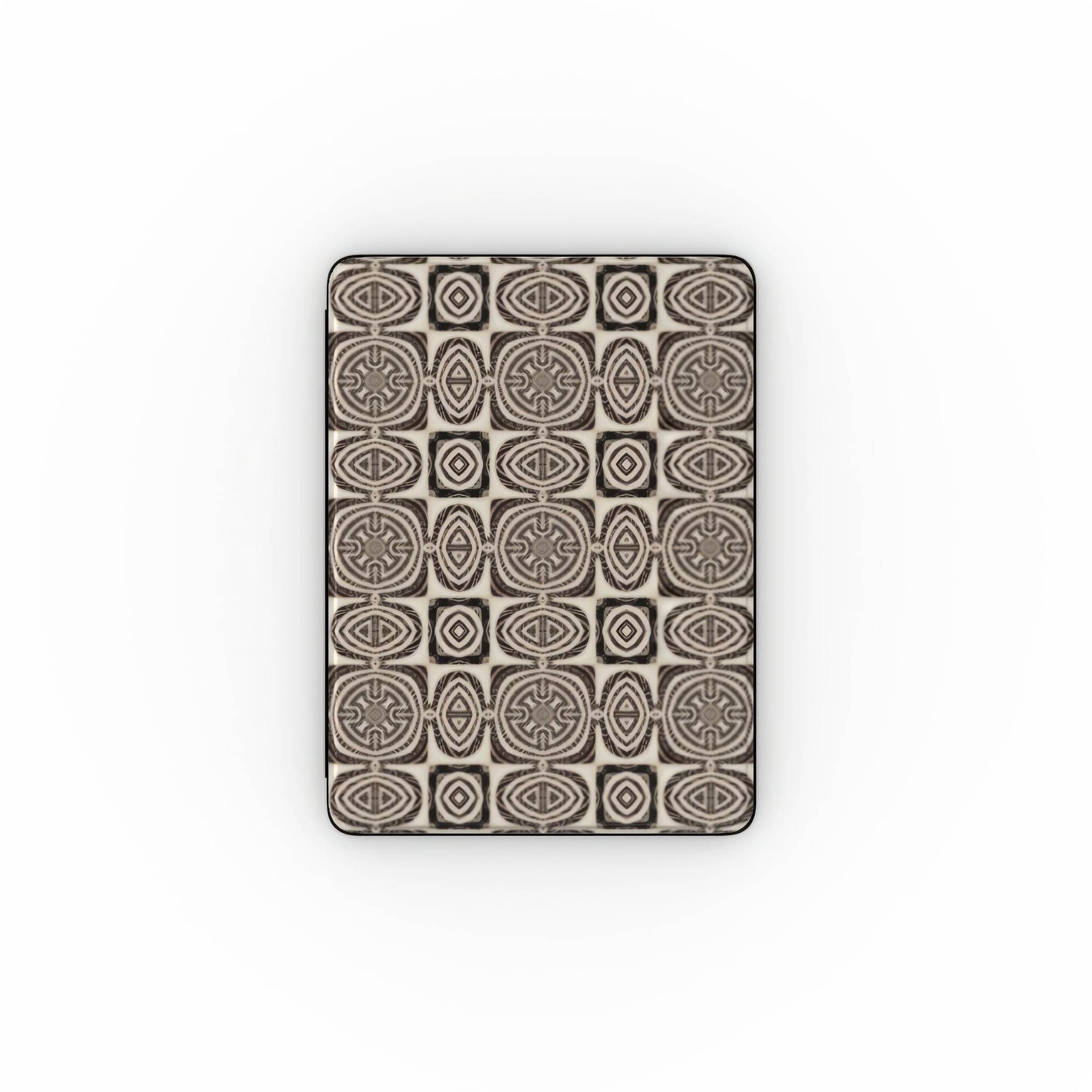 iPad case front view; wooden snake 1 pattern, ornamental pattern; kaleidoscope pattern imagination. Brown color. Bold expressive aesthetic design.