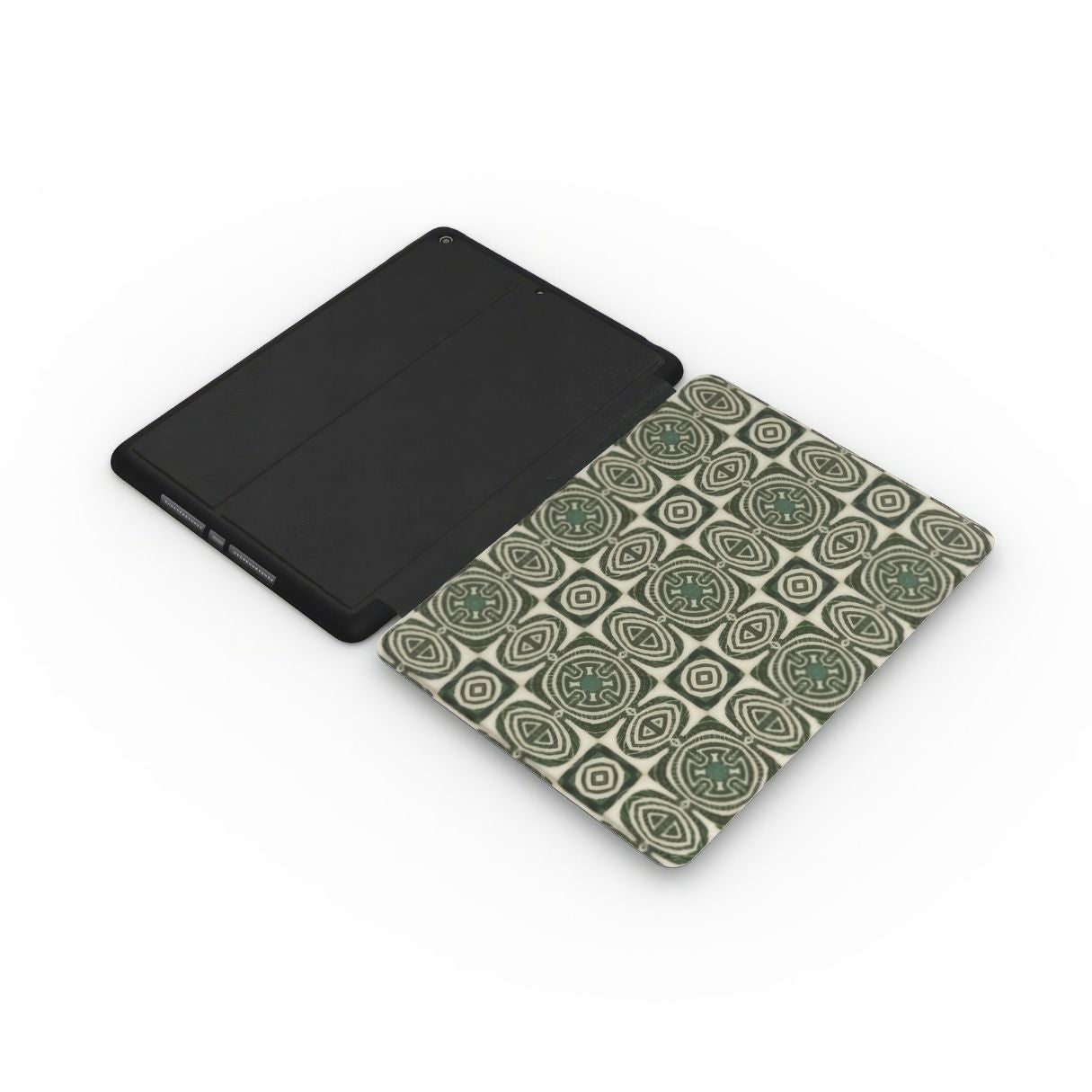 iPad case extend view; Wooden Snake 2 pattern, ornamental pattern; kaleidoscope pattern imagination. Green color.