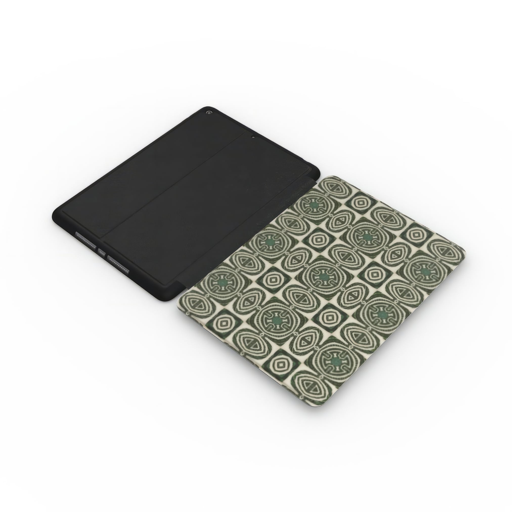 iPad case extend view; wooden snake 2 pattern, ornamental pattern; kaleidoscope pattern imagination. Green color.