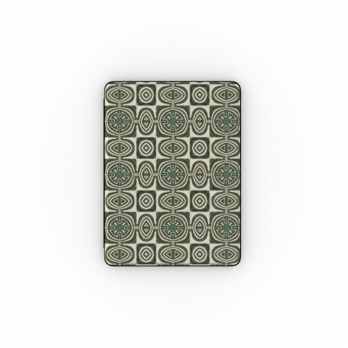 iPad case front view; Wooden Snake 2 pattern, ornamental pattern; kaleidoscope pattern imagination. Green color. Bold expressive aesthetic design.