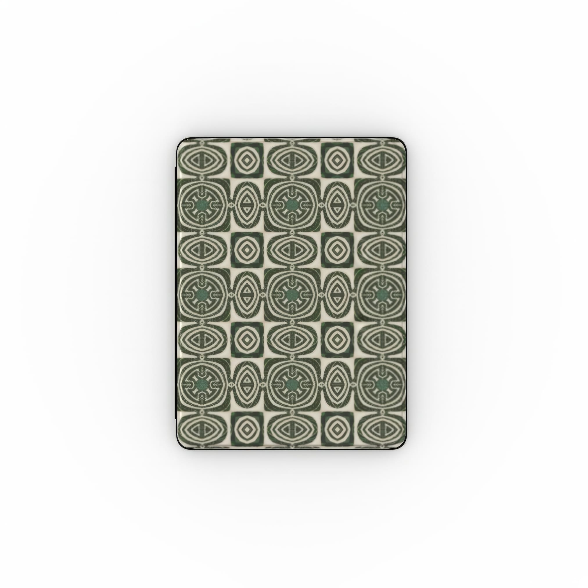 iPad case front view; wooden snake 2 pattern, ornamental pattern; kaleidoscope pattern imagination. Green color. Bold expressive aesthetic design.