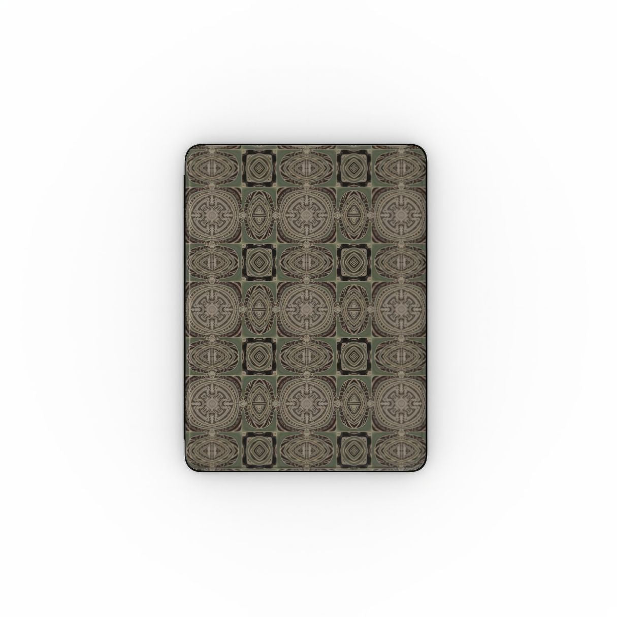 iPad case front view; Wooden Snake 3 pattern, ornamental pattern; kaleidoscope pattern imagination. Green color. Bold expressive aesthetic design. Image for 2025 year.