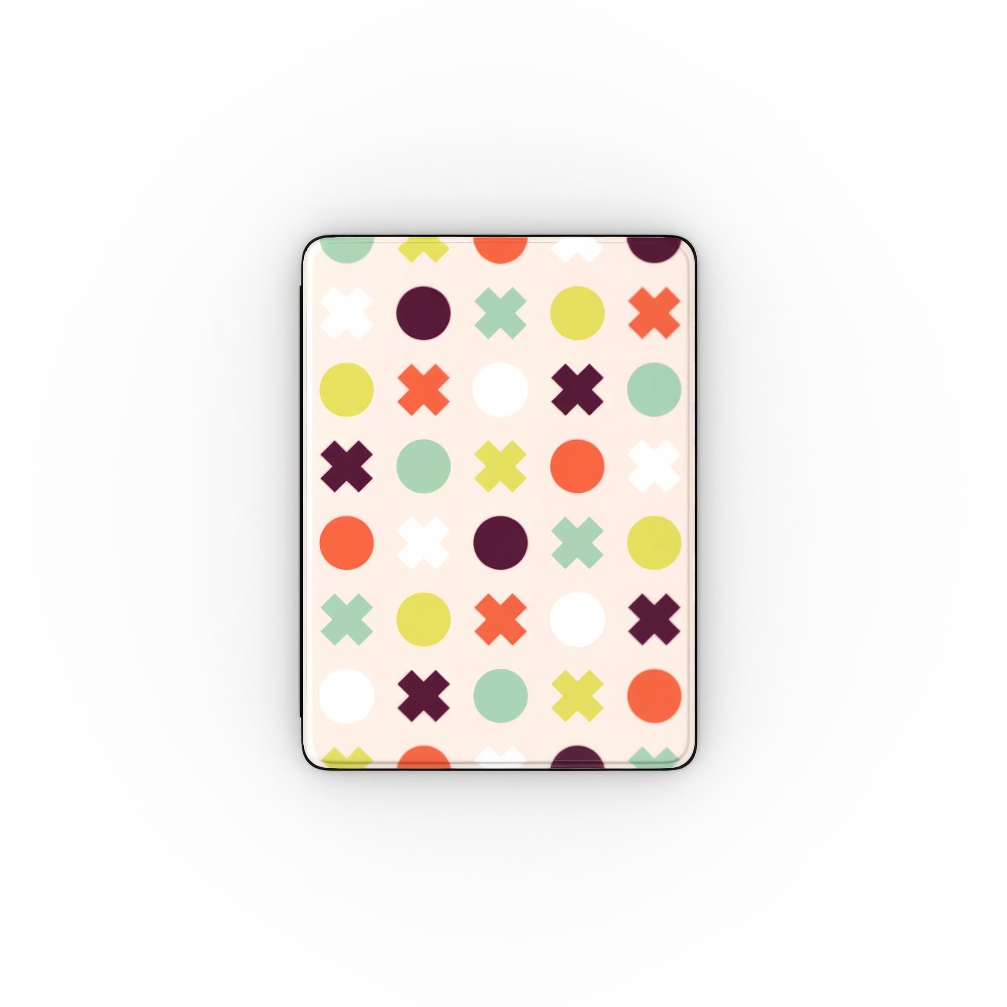 iPad case XOXO pattern design with a circles and cross modern style, featuring an elegant and expressive aesthetic design. Main colors are orange red, purple, yellow and mint. Front view.