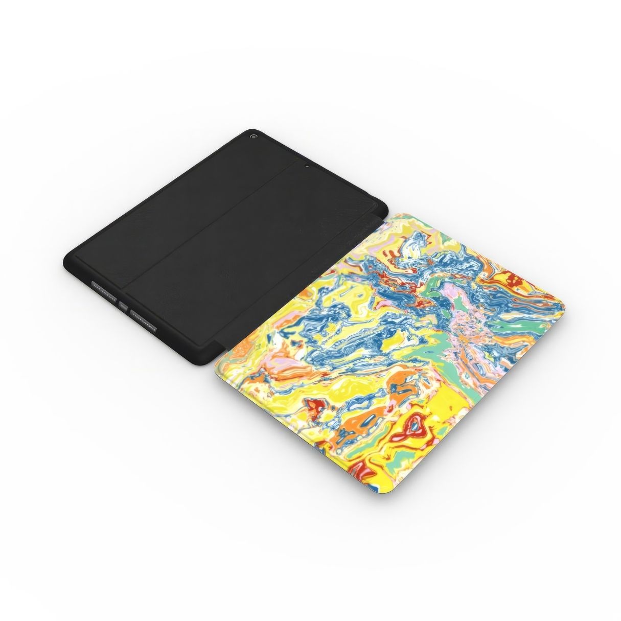 iPad case with a bold vivid pattern Yell Ow abstract and artistic style, featuring an elegant and expressive aesthetic design. Main colors are yellow and blue. Extend view.