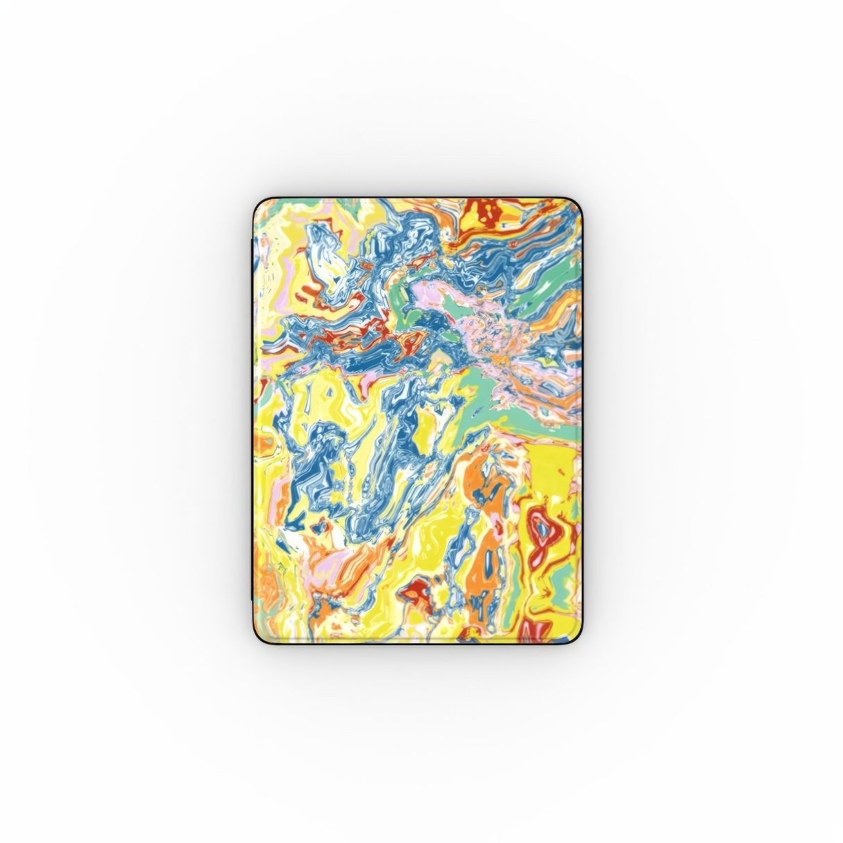 iPad case with a bold vivid pattern Yell Ow abstract and artistic style, featuring an elegant and expressive aesthetic design. Main colors are yellow and blue. Front view.