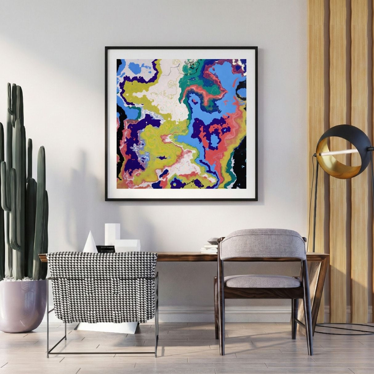 Modern interior with a abstract art print on the wall, chair, and potted plant.