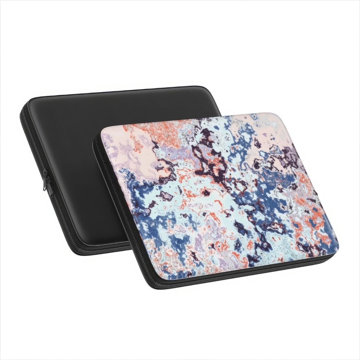 Laptop Sleeve side and back view; Blue Marble Mist pattern, artistic, abstract marble pattern. Blue and pink color combination. Bold expressive aesthetic design. Colorful and interior fit.