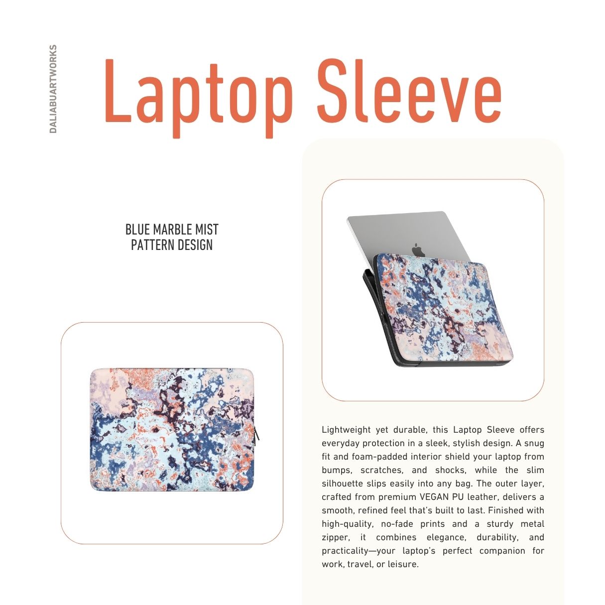 Laptop Sleeve description; Blue Marble Mist pattern, artistic, abstract marble pattern. Blue and pink color combination. Bold expressive aesthetic design. Colorful and interior fit.