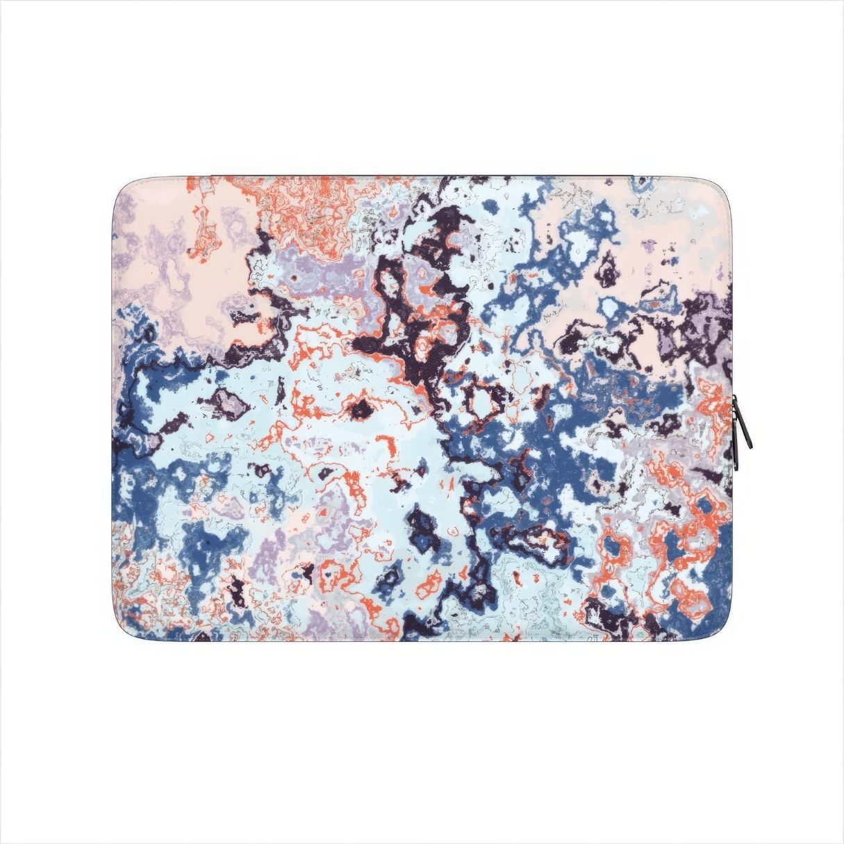 Laptop Sleeve front view; Blue Marble Mist pattern, artistic, abstract marble pattern. Blue and pink color combination. Bold expressive aesthetic design. Colorful and interior fit.