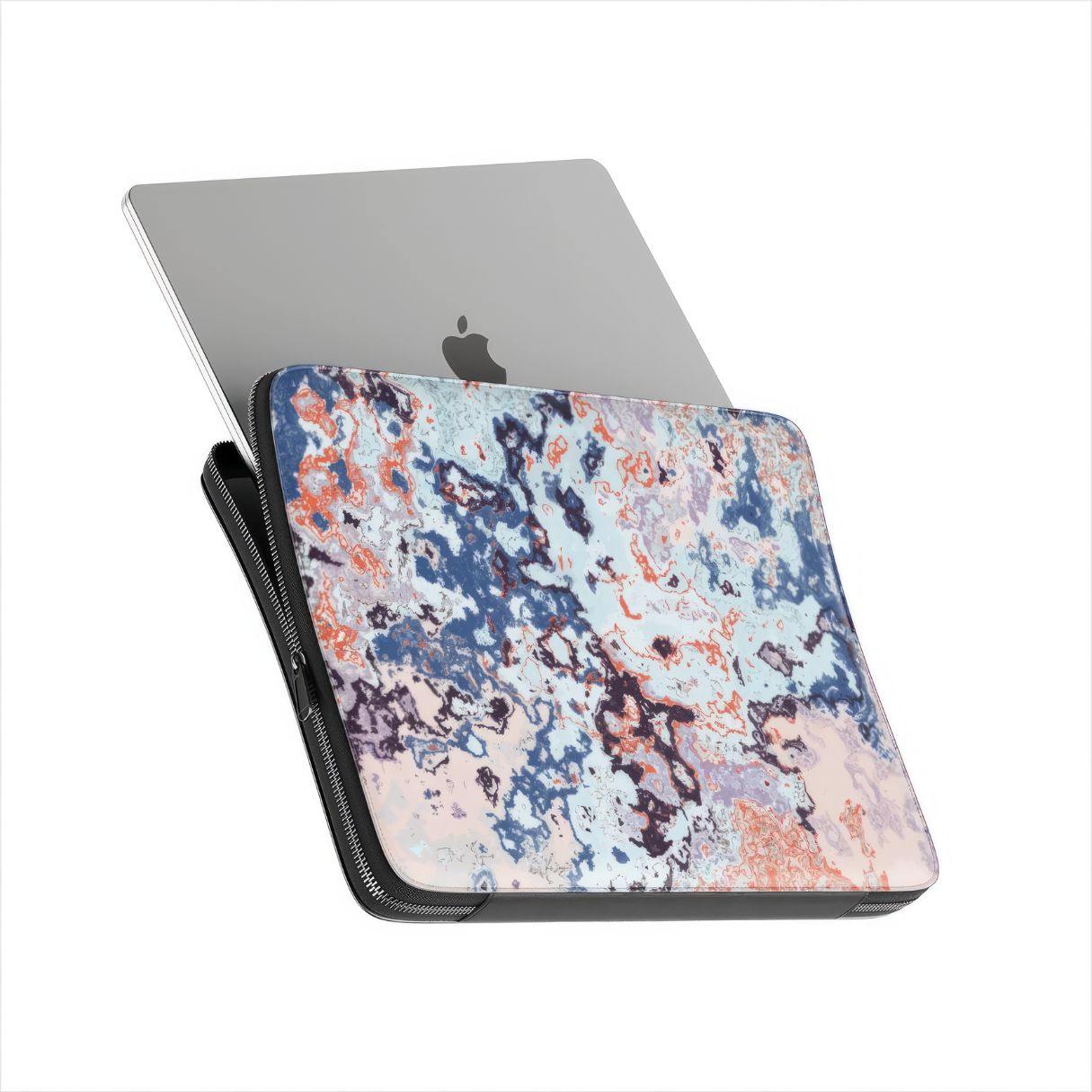 Laptop Sleeve side view with device; Blue Marble Mist pattern, artistic, abstract marble pattern. Blue and pink color combination. Bold expressive aesthetic design. Colorful and interior fit.