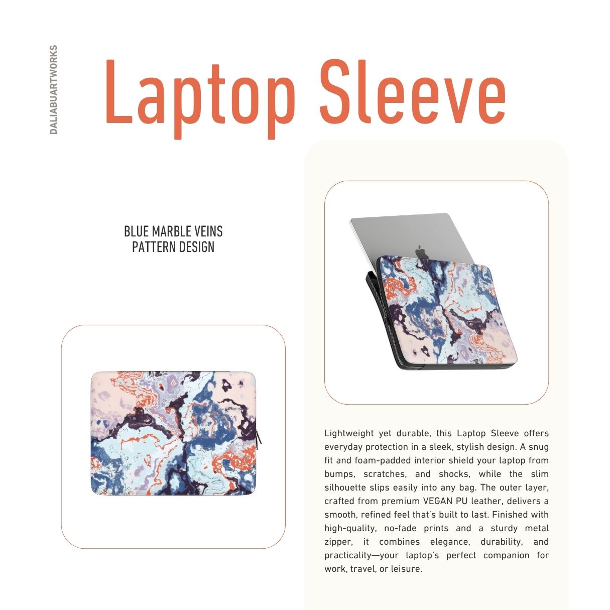 Laptop Sleeve with Blue Marble Veins pattern design. Artistic marble style. Bold expressive aesthetic design. Colorful and interior fit. Description.