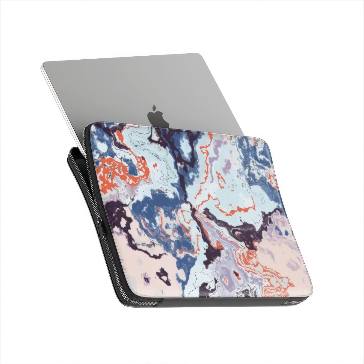 Laptop Sleeve with Blue Marble Veins pattern design. Artistic marble style. Bold expressive aesthetic design. Colorful and interior fit. Side view with device.