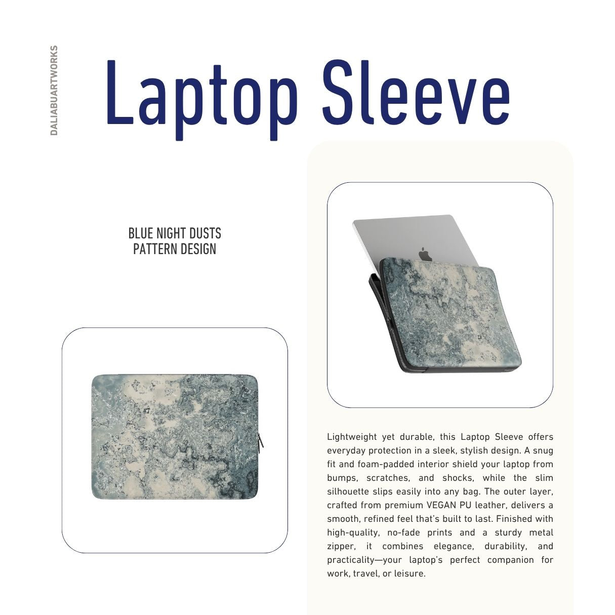 Laptop Sleeve with a bold vivid pattern Blue Night Dusts abstract and artistic style, featuring an elegant and expressive aesthetic design. Main colors are blue and beige. Description.