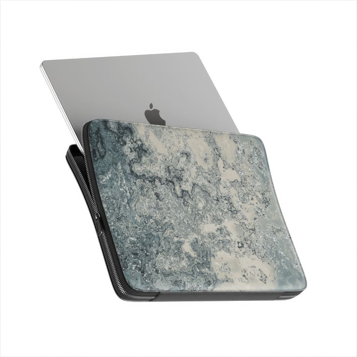 Laptop Sleeve with a bold vivid pattern Blue Night Dusts abstract and artistic style, featuring an elegant and expressive aesthetic design. Main colors are blue and beige. Side view with device.