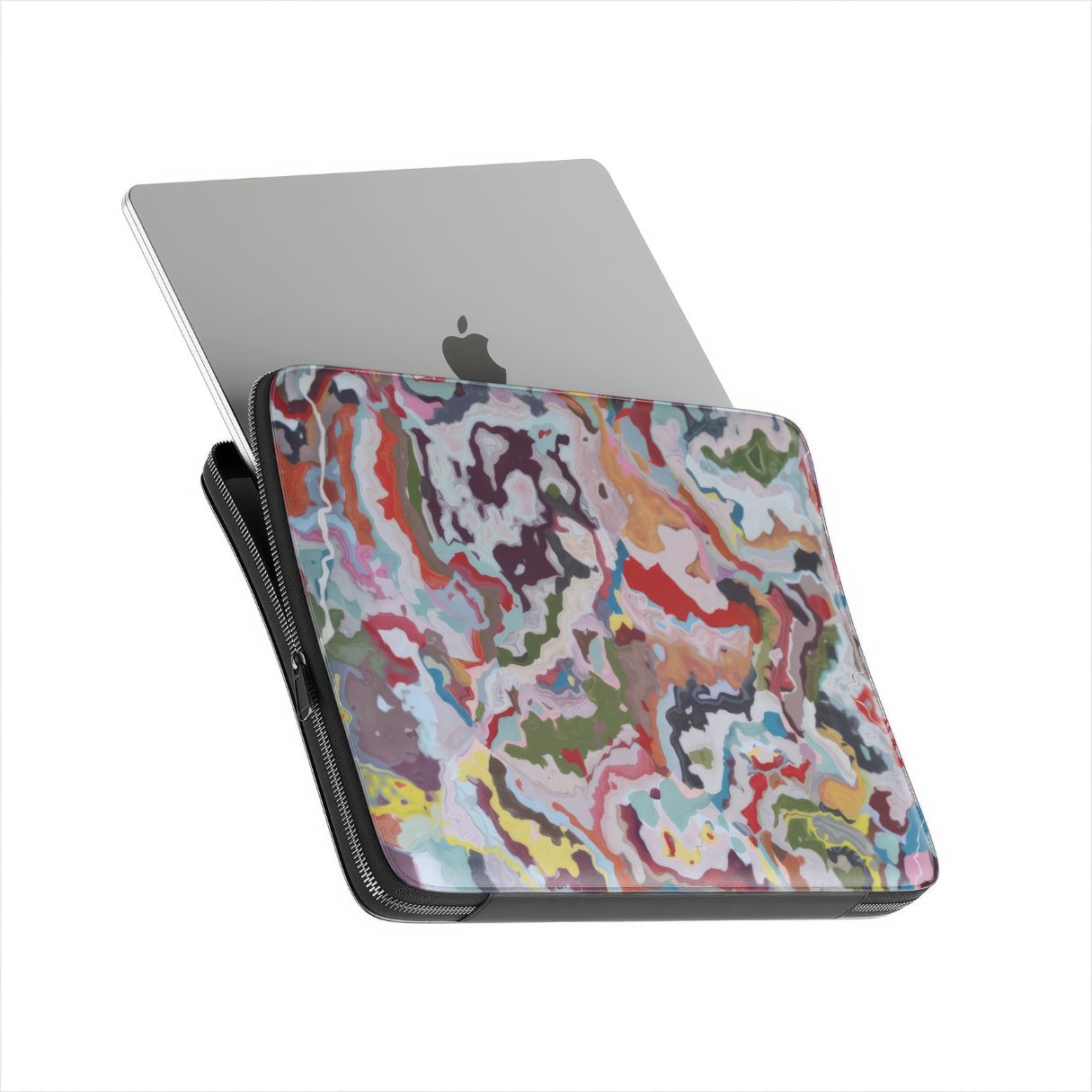 Laptop Sleeve side view with device; Bold Sprinkles pattern, artistic, abstract marble pattern. Mix color combination. Bold expressive aesthetic design. Colorful and interior fit.