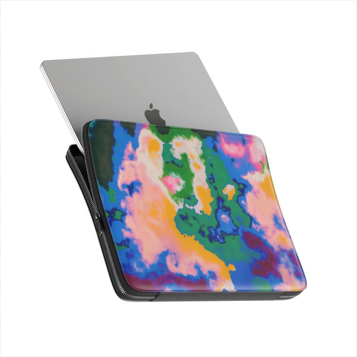 Laptop Sleeve side view with laptop; Brazil pattern, artistic, abstract marble pattern. Orange, green and blue color combination. Bold expressive aesthetic design. Colorful and interior fit.