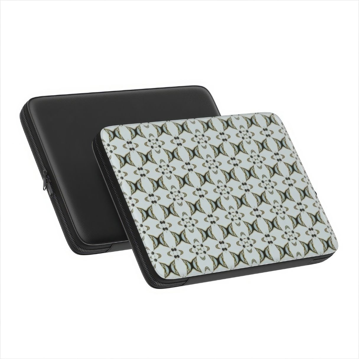 Laptop Sleeve ButterFly pattern design with a playful, bold expression of kaleidoscope form, featuring an elegant and expressive aesthetic design. Main color is light blue. Side and back view.