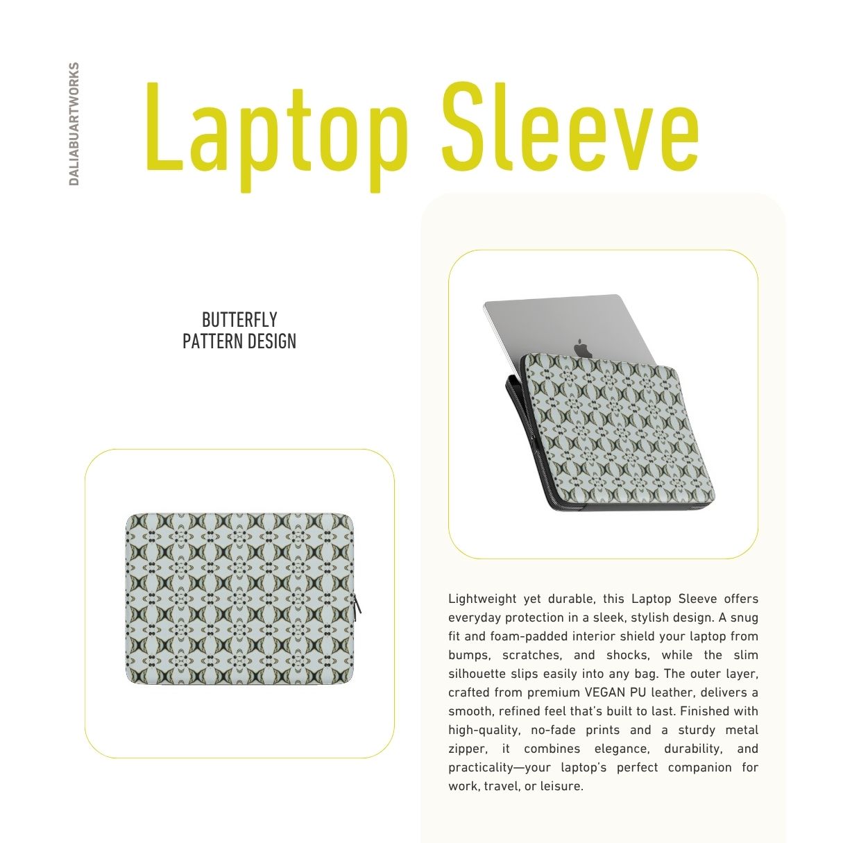 Laptop Sleeve ButterFly pattern design with a playful, bold expression of kaleidoscope form, featuring an elegant and expressive aesthetic design. Main color is light blue. Description.