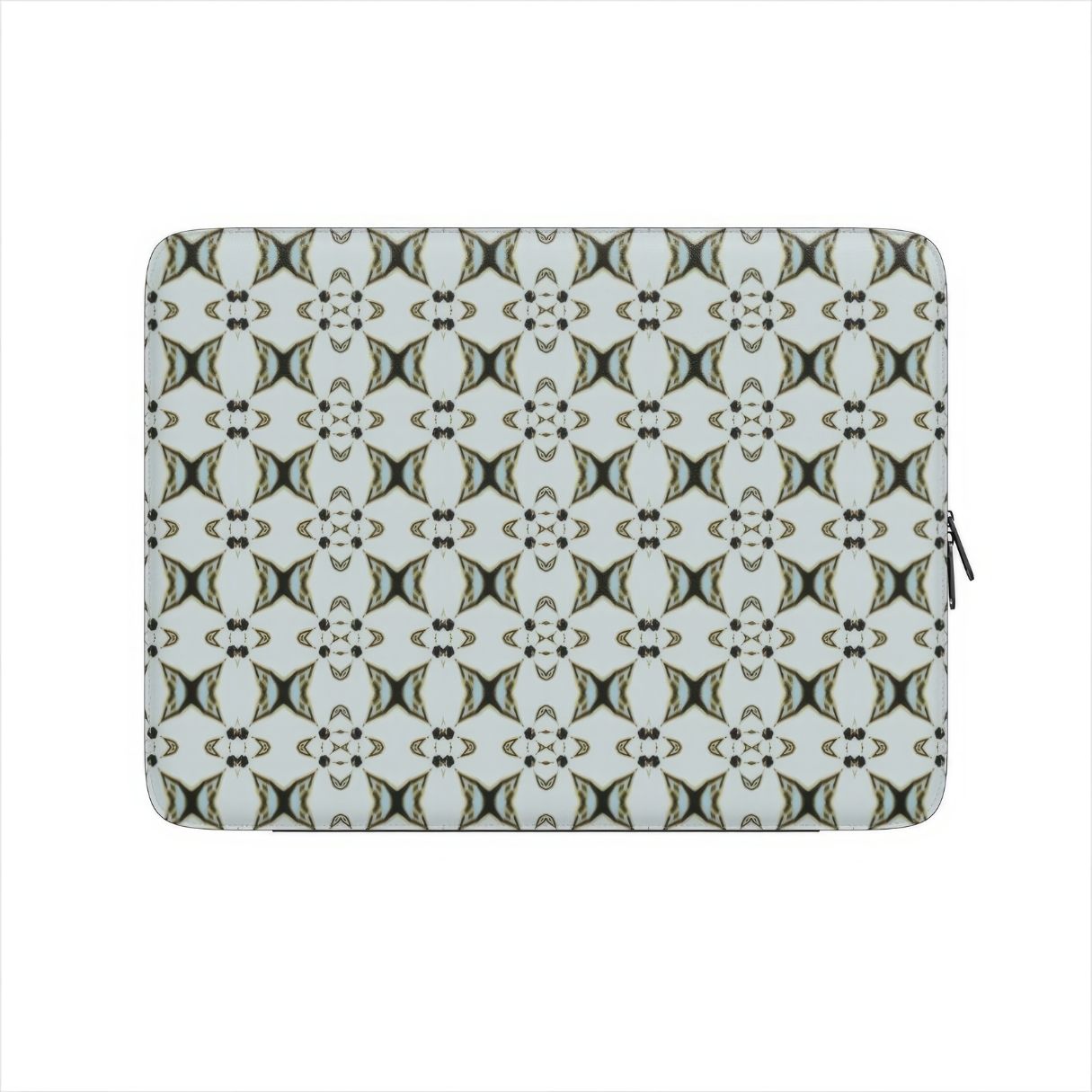 Laptop Sleeve ButterFly pattern design with a playful, bold expression of kaleidoscope form, featuring an elegant and expressive aesthetic design. Main color is light blue. Front view.