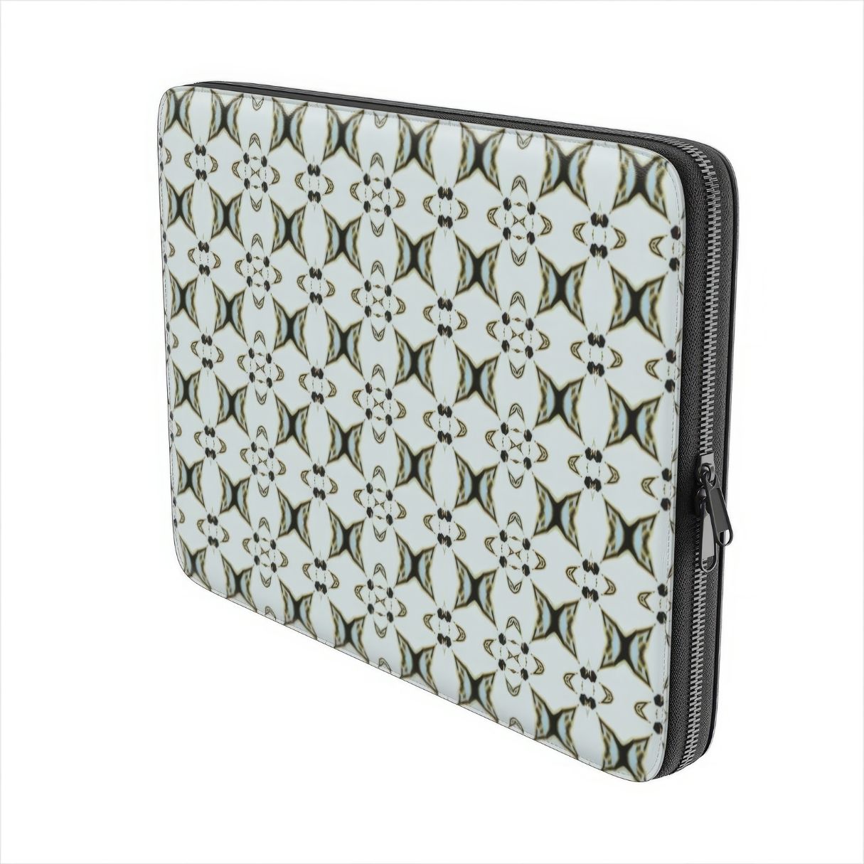 Laptop Sleeve ButterFly pattern design with a playful, bold expression of kaleidoscope form, featuring an elegant and expressive aesthetic design. Main color is light blue. Side view.