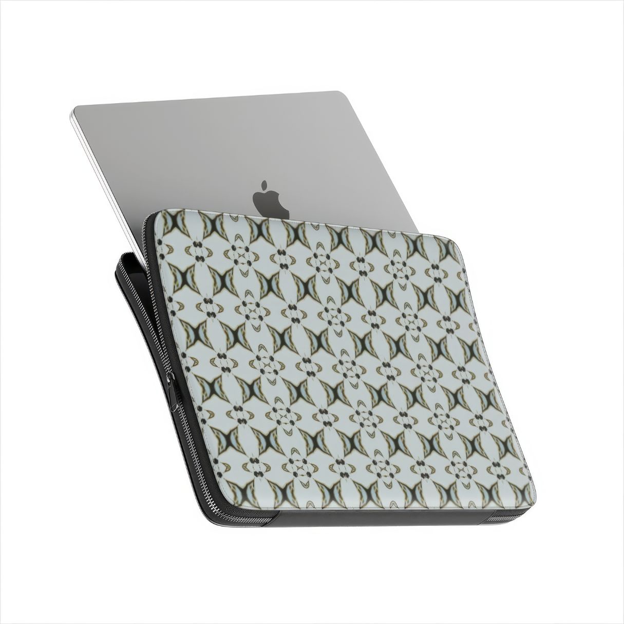 Laptop Sleeve ButterFly pattern design with a playful, bold expression of kaleidoscope form, featuring an elegant and expressive aesthetic design. Main color is light blue. Side view.