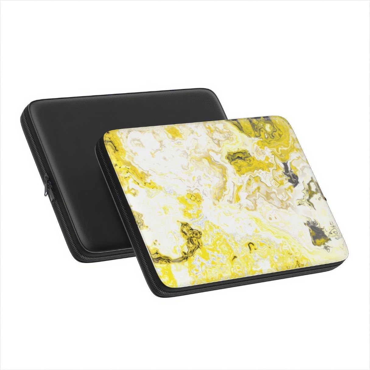 Laptop Sleeve with Citron pattern, artistic, abstract marble pattern. Yellow and white color combination. Bold expressive aesthetic design. Colorful and interior fit. Front and back view.