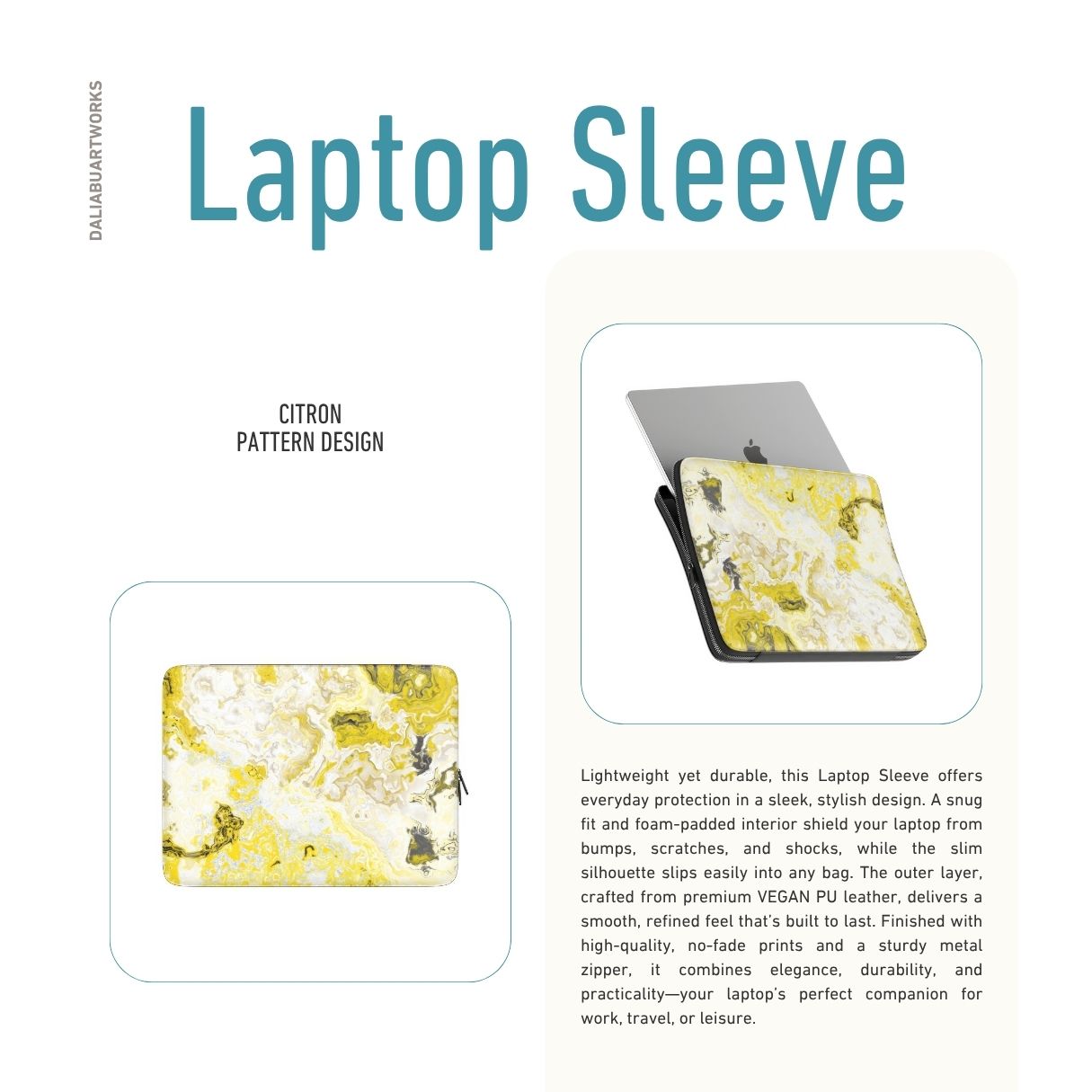 Laptop Sleeve with Citron pattern, artistic, abstract marble pattern. Yellow and white color combination. Bold expressive aesthetic design. Colorful and interior fit. Description.