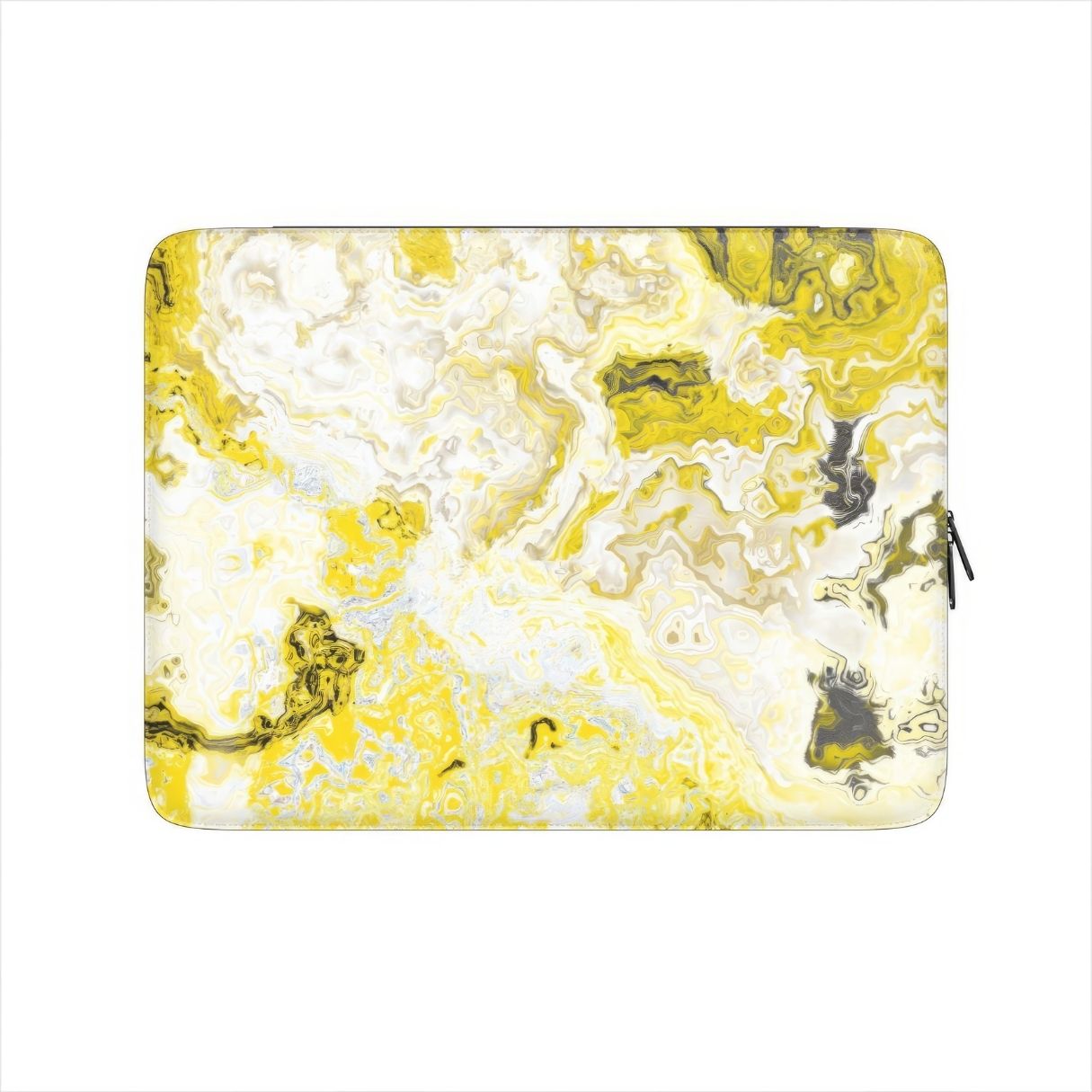 Laptop Sleeve with Citron pattern, artistic, abstract marble pattern. Yellow and white color combination. Bold expressive aesthetic design. Colorful and interior fit. Front view.