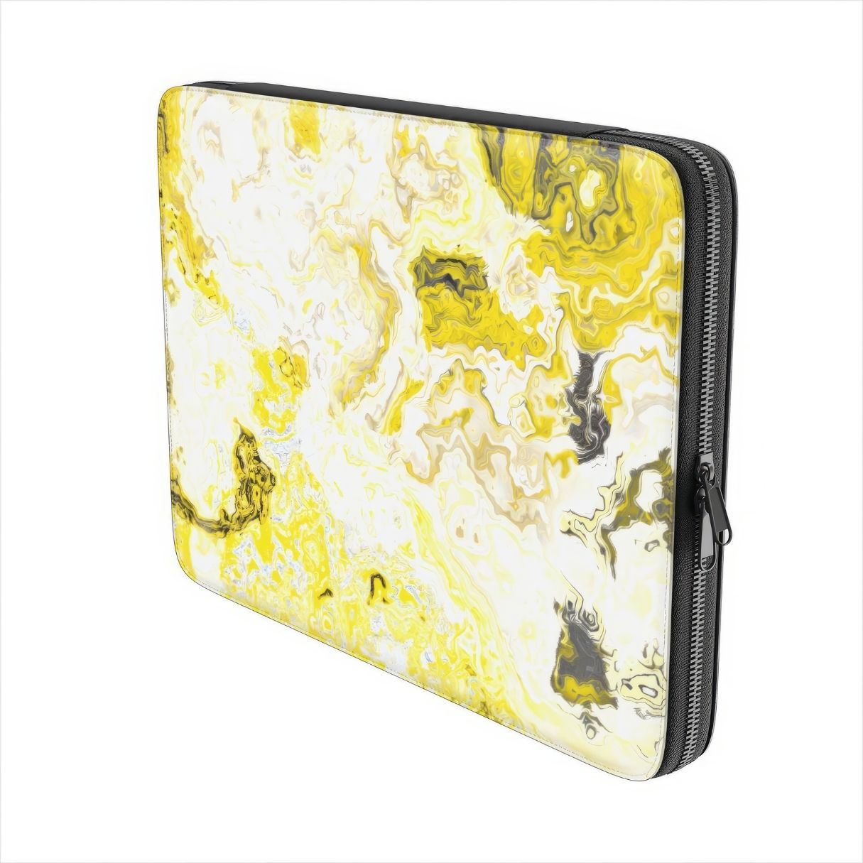 Laptop Sleeve with Citron pattern, artistic, abstract marble pattern. Yellow and white color combination. Bold expressive aesthetic design. Colorful and interior fit. Side view.