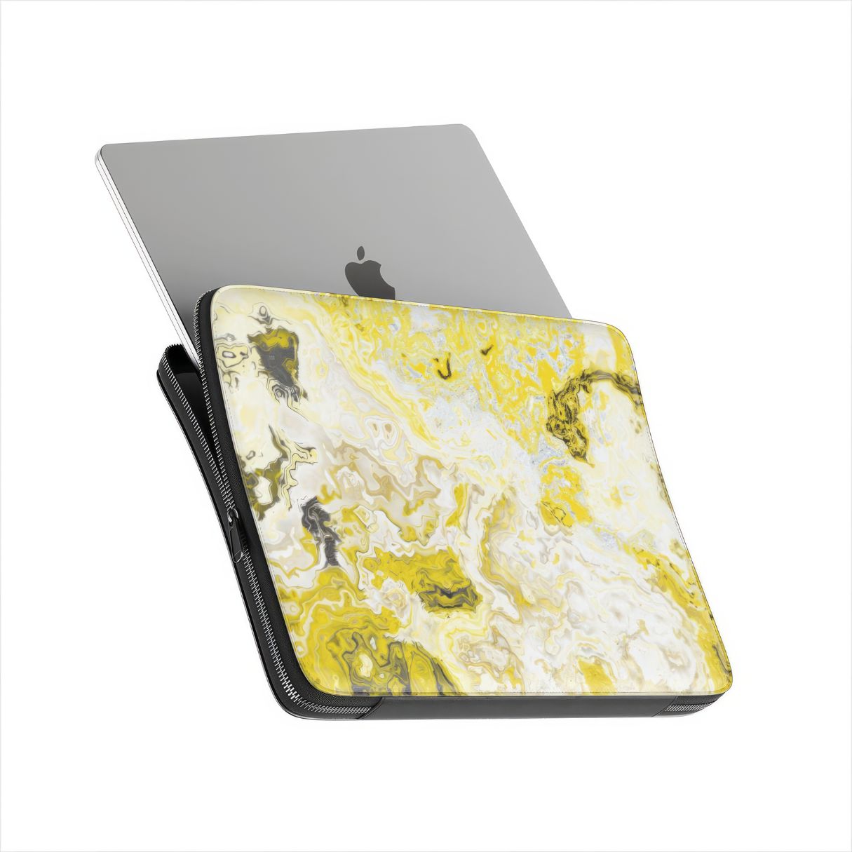 Laptop Sleeve with Citron pattern, artistic, abstract marble pattern. Yellow and white color combination. Bold expressive aesthetic design. Colorful and interior fit. Side view with device.