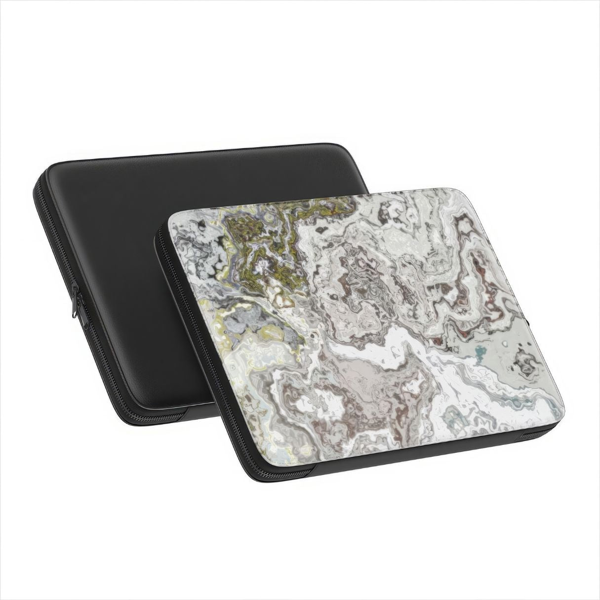 Laptop Sleeve back view; Classic White Marble pattern, artistic, abstract marble pattern. White and grey color combination. Bold expressive aesthetic design. Colorful and interior fit.