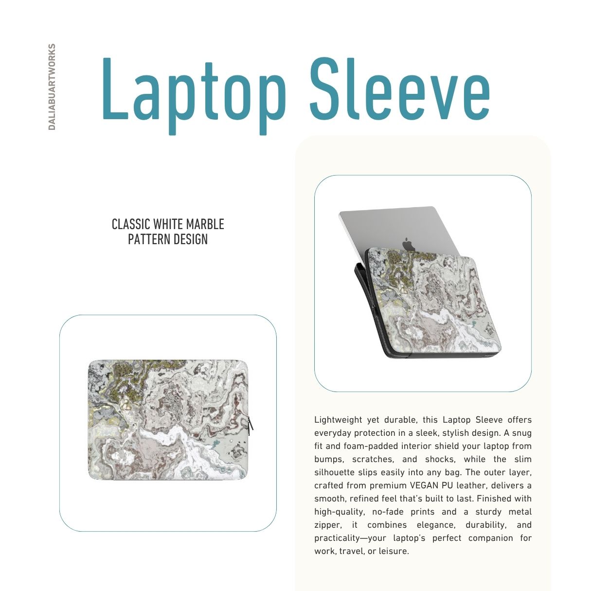 Laptop Sleeve description; Classic White Marble pattern, artistic, abstract marble pattern. White and grey color combination. Bold expressive aesthetic design. Colorful and interior fit.