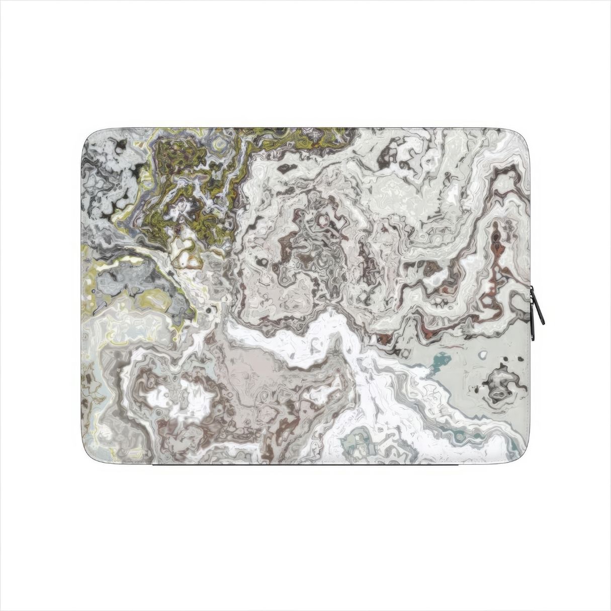 Laptop Sleeve front view; Classic White Marble pattern, artistic, abstract marble pattern. White and grey color combination. Bold expressive aesthetic design. Colorful and interior fit.