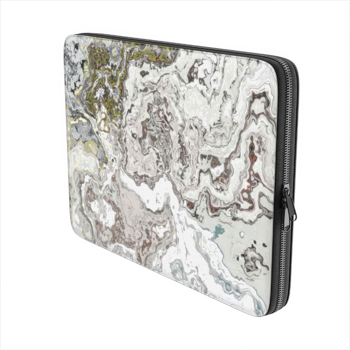 Laptop Sleeve side view; Classic White Marble pattern, artistic, abstract marble pattern. White and grey color combination. Bold expressive aesthetic design. Colorful and interior fit.
