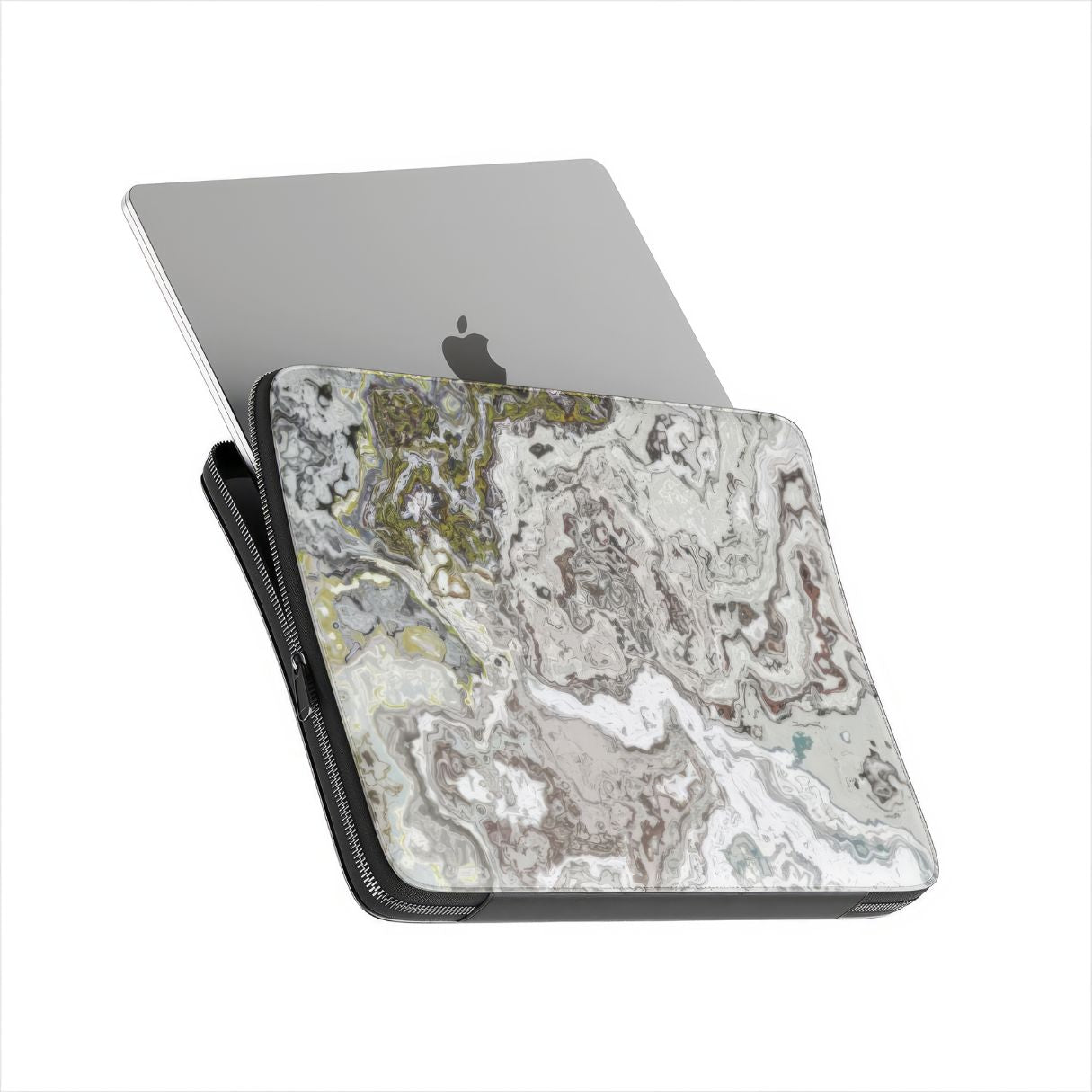 Laptop Sleeve side view with laptop; Classic White Marble pattern, artistic, abstract marble pattern. White and grey color combination. Bold expressive aesthetic design. Colorful and interior fit.