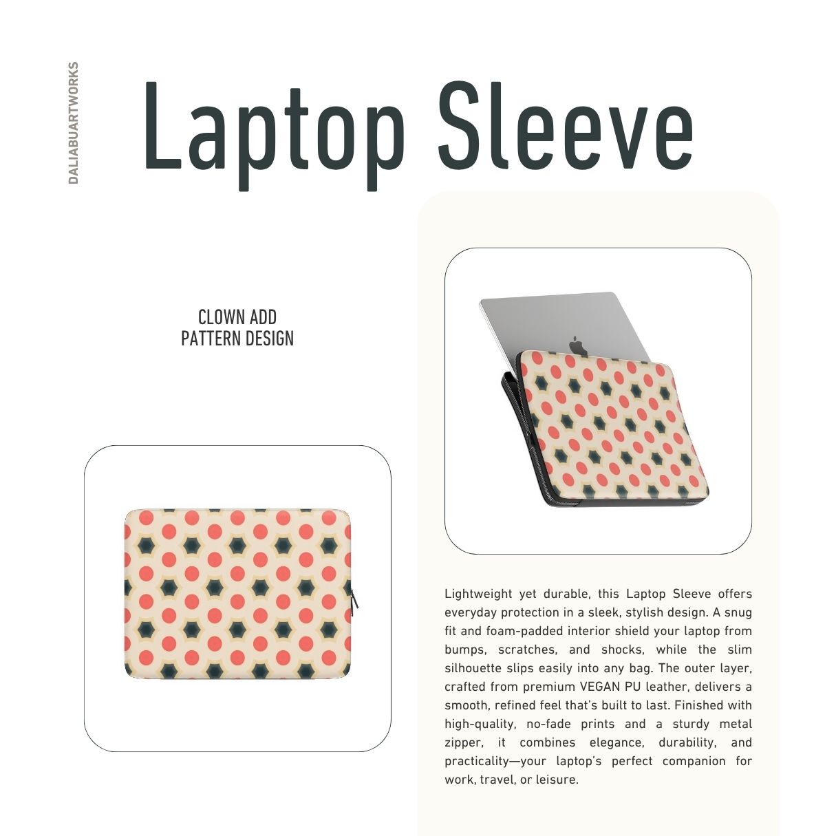 Laptop Sleeve with Clown Add pattern, artistic, ornamental kaleidoscope pattern. Red and beige color combination. Bold expressive aesthetic design. Colorful and interior fit. Description.