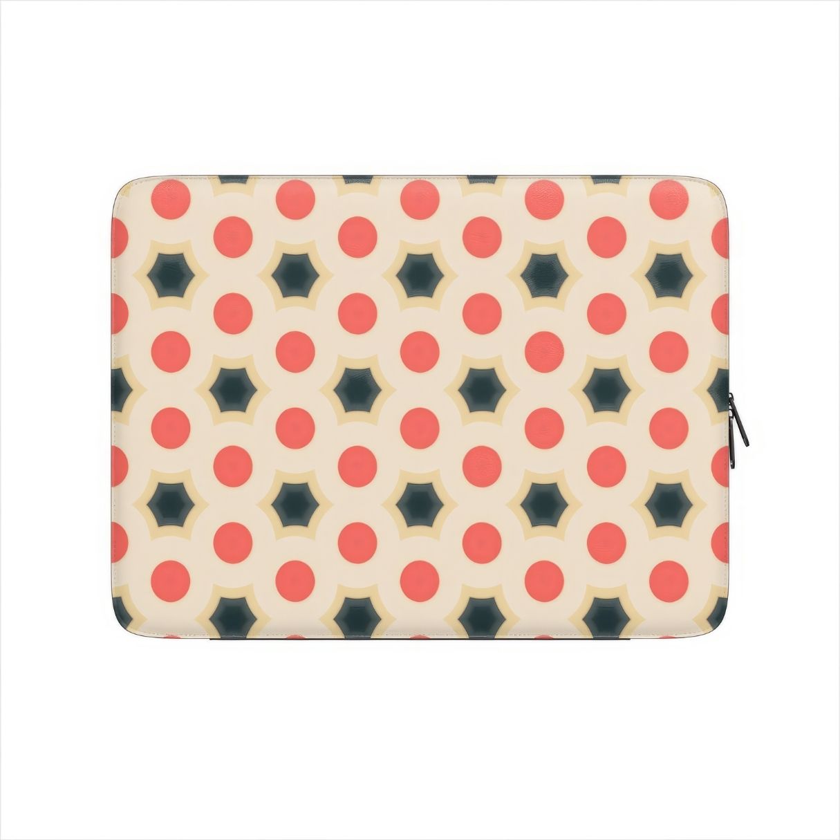Laptop Sleeve with Clown Add pattern, artistic, ornamental kaleidoscope pattern. Red and beige color combination. Bold expressive aesthetic design. Colorful and interior fit. Front view.